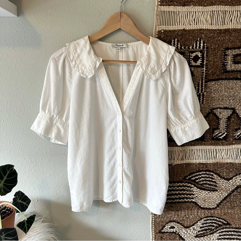 Madewell Linen White Blouse with Ruffled Collar